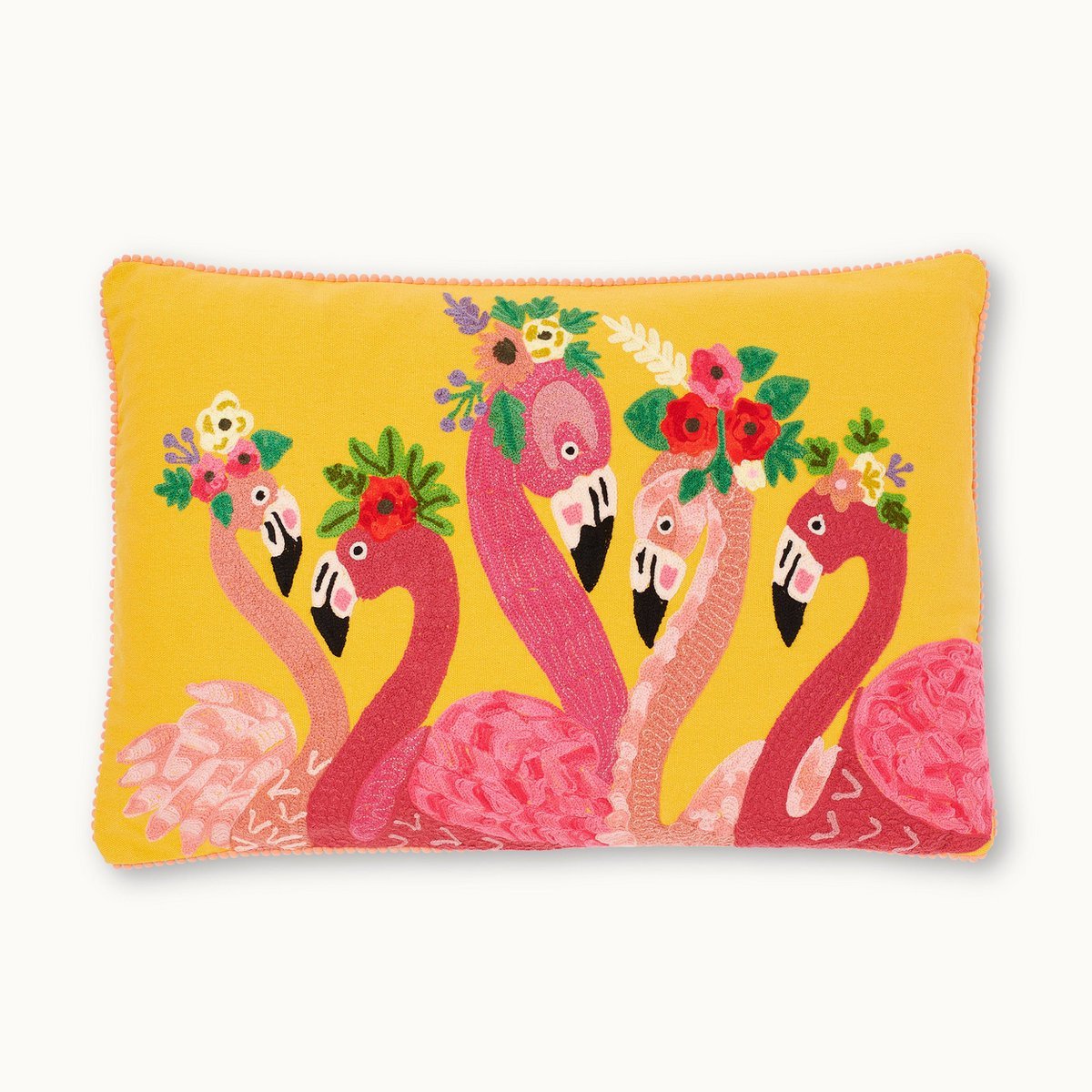 „Rosa Rasselbande“ – Flamingos auf Blumenmission – Kissenbezug mit Füllung
