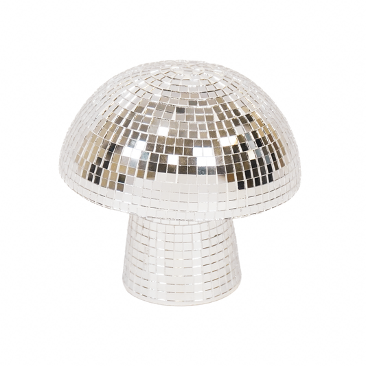 „DiscoShroom“ – Silberglanz mit Spiegelkugel-Vibe – Glas-Ornament 14×14×14 cm