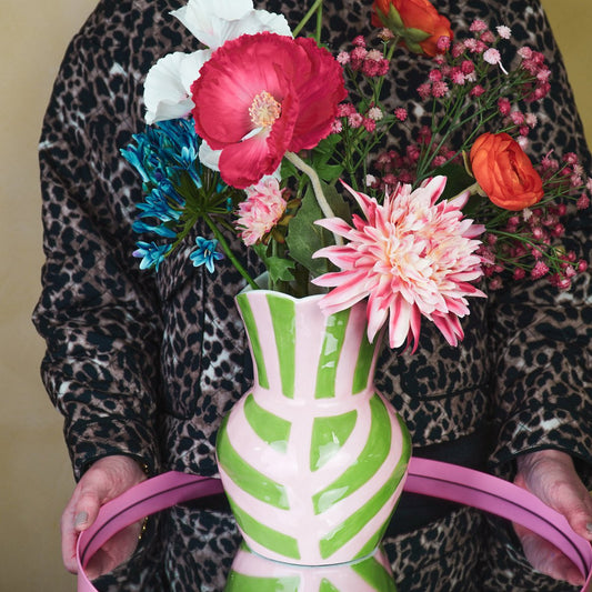 💚 💗„Streifen-Liebe“ Vase – Rosa-Grüne Streifen aus Steinzeug – 16x16x22 cm