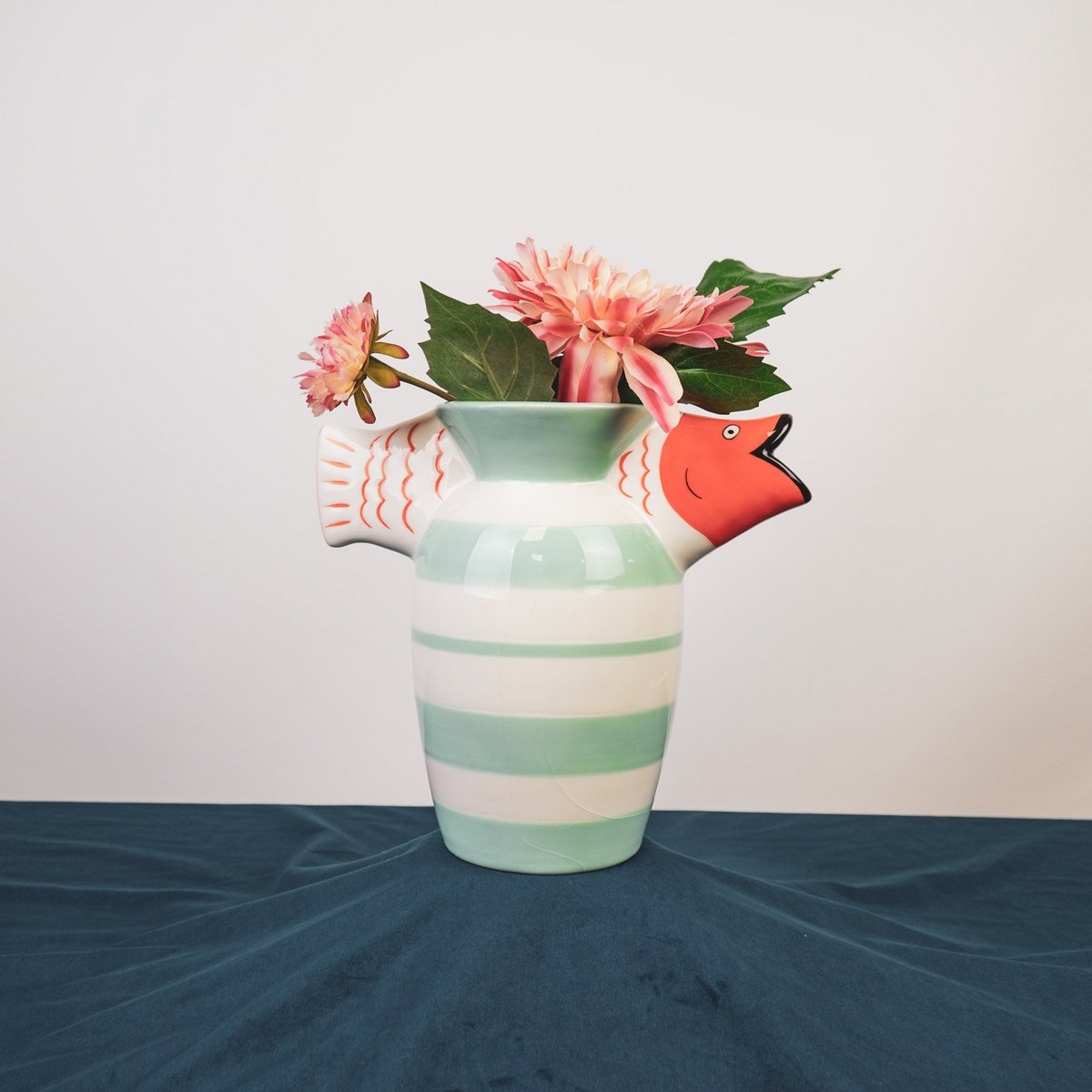 Vase „BigFish“ – Dolomit – Mint/Weiß/Orange – 23×12,5×21 cm