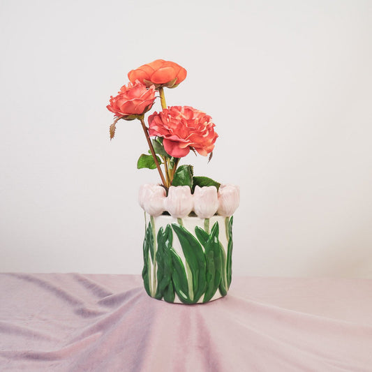 💗 „Dolomiti“ Vase – Tulpenvase aus Dolomit – in den Trendfarben Pastellrosa/Grün – 15x15x14 cm