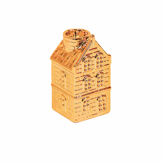 Kerzenhalter „Goldstück“ – Häuschenform – Keramik – Glanzgold – 6×5,5×11 cm
