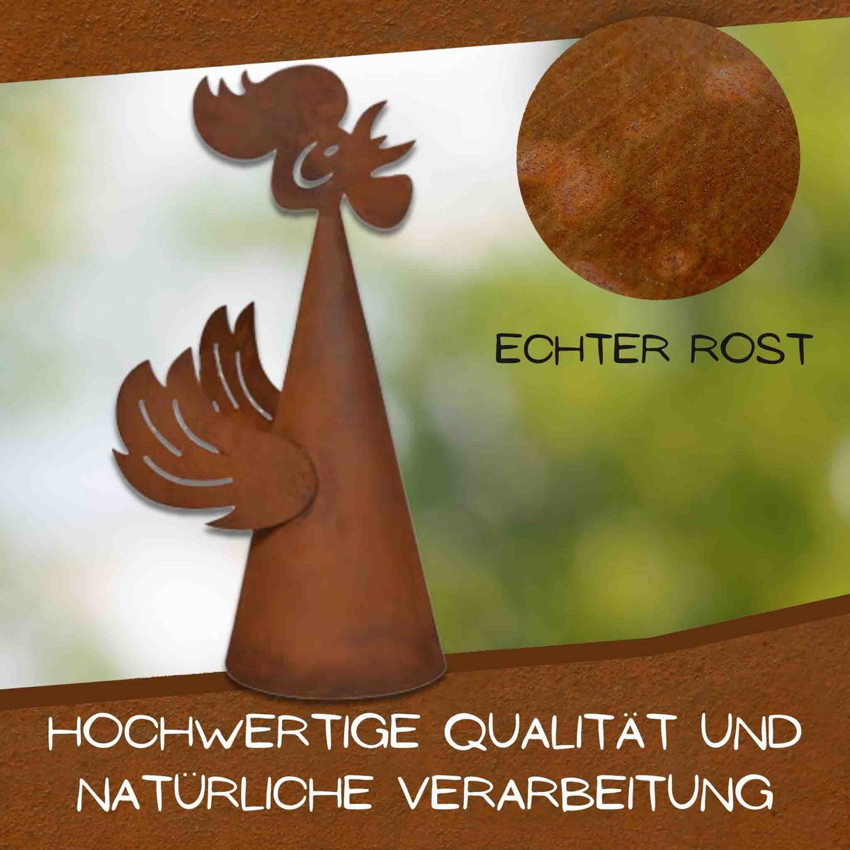 "Kikeriki" Unser Zaunhocker Hahn aus Rost-Metall – Rustikale Gartendeko Figur für Zaun & Beet