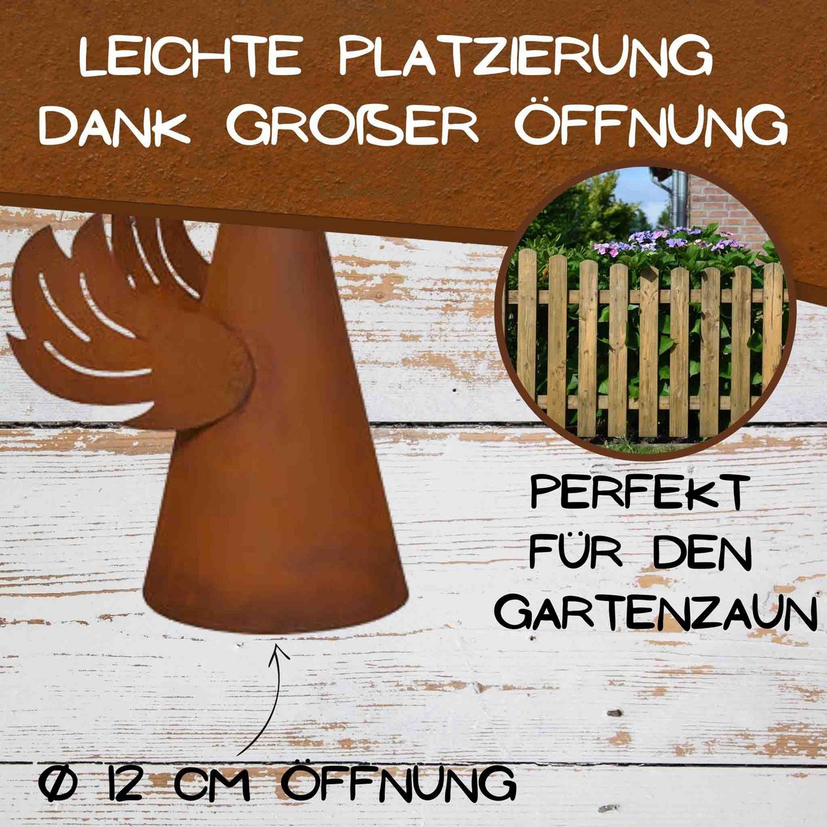 "Kikeriki" Unser Zaunhocker Hahn aus Rost-Metall – Rustikale Gartendeko Figur für Zaun & Beet
