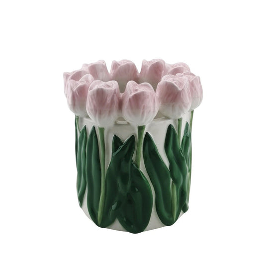 💗 „Dolomiti“ Vase – Tulpenvase aus Dolomit – in den Trendfarben Pastellrosa/Grün – 15x15x14 cm