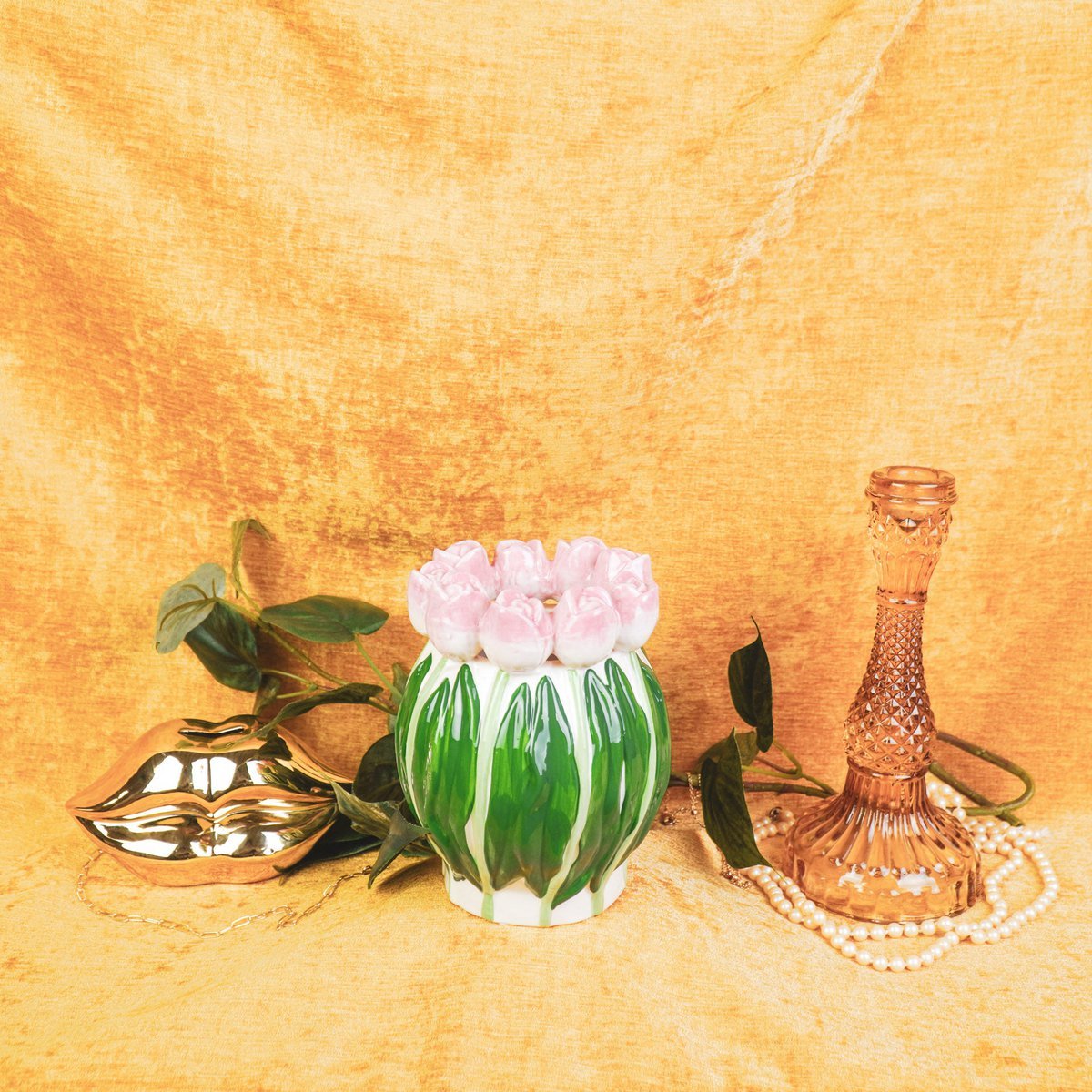 🌷„Tulpini“ Vase – Tulpenvase aus Dolomit – Rosa/Grün – 12,5x12,5x16 cm