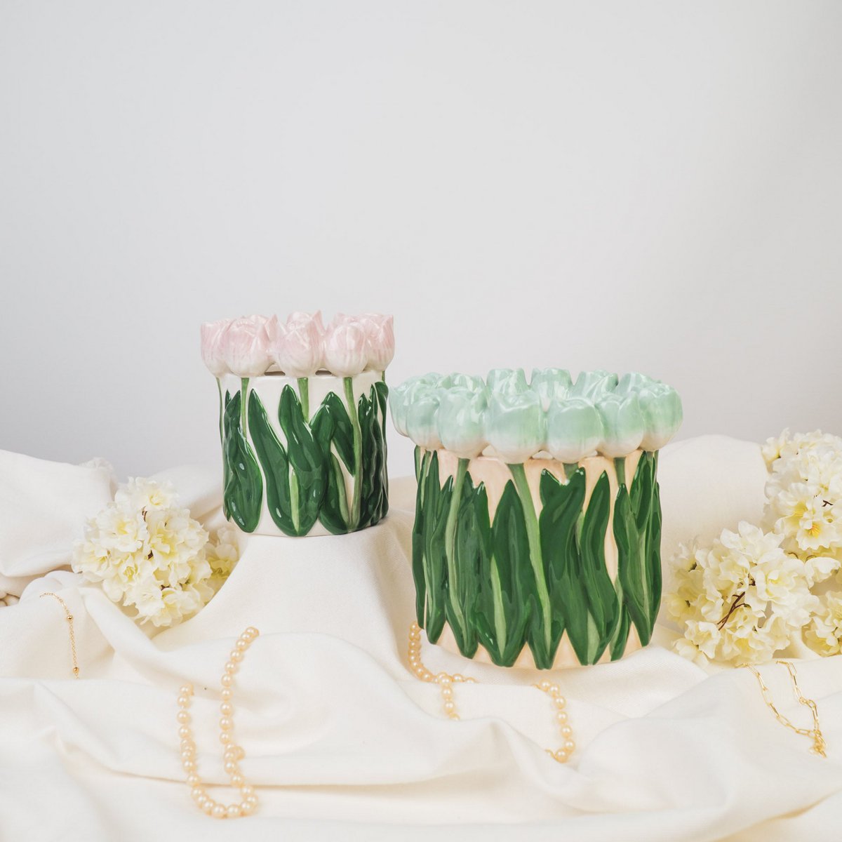 💗 „Dolomiti“ Vase – Tulpenvase aus Dolomit – in den Trendfarben Pastellrosa/Grün – 15x15x14 cm