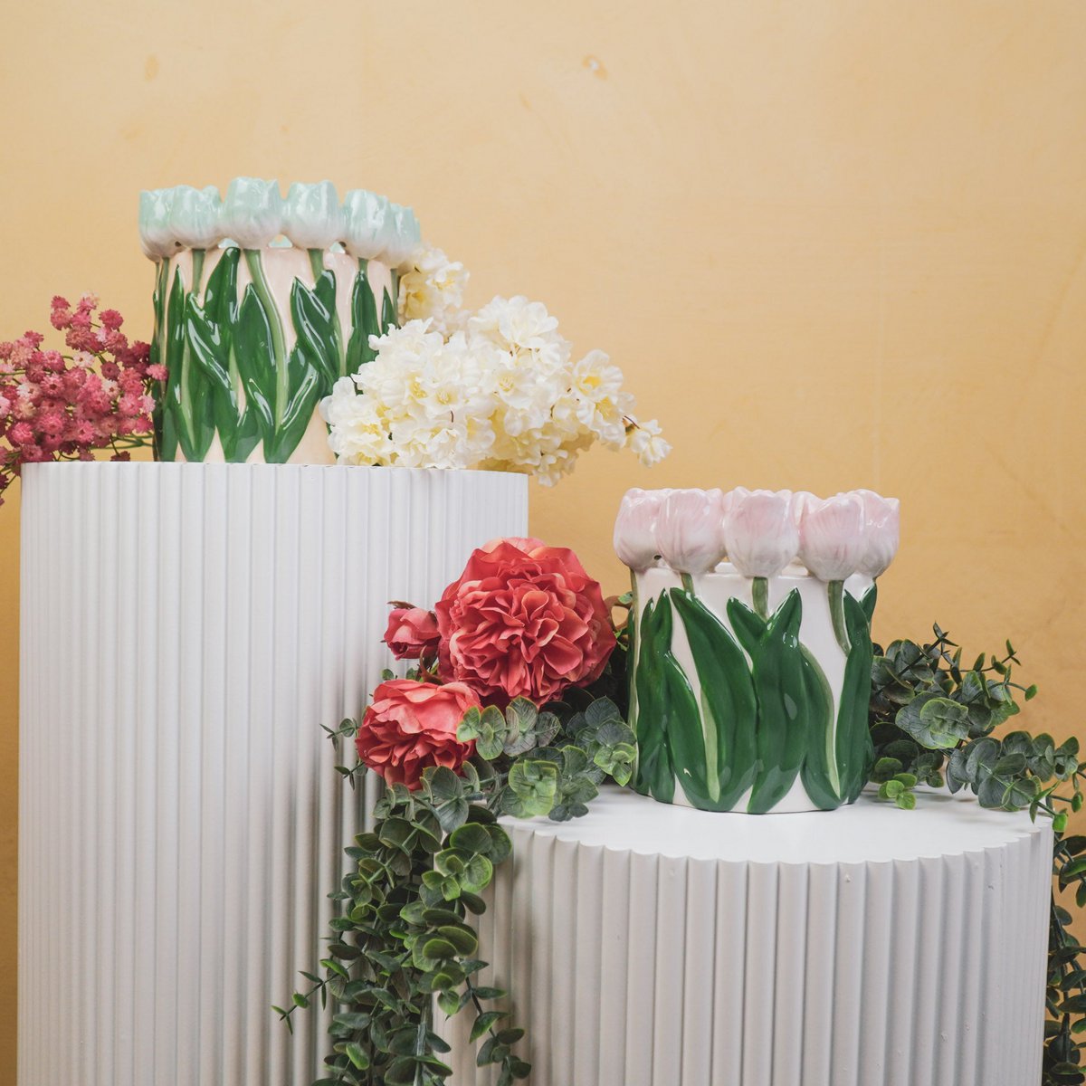 💗 „Dolomiti“ Vase – Tulpenvase aus Dolomit – in den Trendfarben Pastellrosa/Grün – 15x15x14 cm