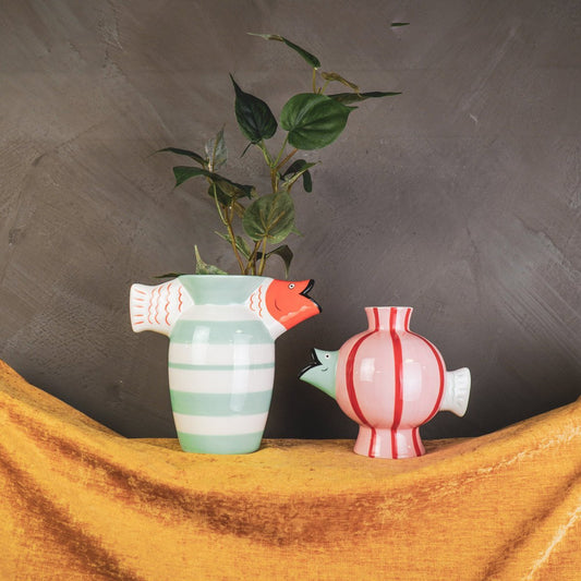 Vase „BigFish“ – Dolomit – Mint/Weiß/Orange – 23×12,5×21 cm