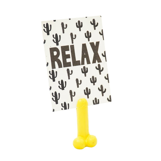 Kartenhalter „Dick“ – Sag’s durch die Eichel - Gelber Penis aus Polyresin (9 cm Stolz)