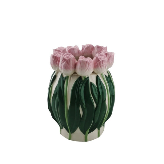 🌷„Tulpini“ Vase – Tulpenvase aus Dolomit – Rosa/Grün – 12,5x12,5x16 cm